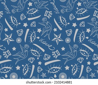 Abstract Hand Drawing Eyes Swallows Love Text Diamonds and Stars Tattoo Shapes Seamless Vector Pattern Isolated Background