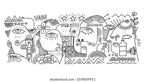 abstract hand drawing face portrait geometric decorative doodle outlines vector illustration. Line art black and white aesthetic design for wall art, prints, cards, decoration, banner and background.