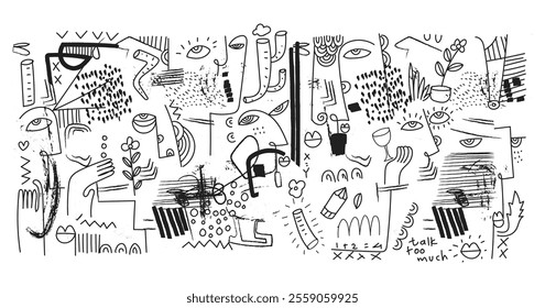 abstract hand drawing face portrait geometric decorative doodle outlines vector illustration. Line art black and white aesthetic design for wall art, prints, cards, decoration, banner and background.