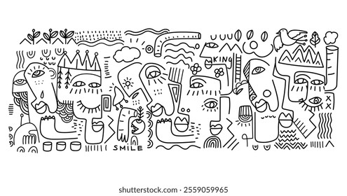 abstract hand drawing face portrait geometric decorative doodle outlines vector illustration. Line art black and white aesthetic design for wall art, prints, cards, decoration, banner and background.