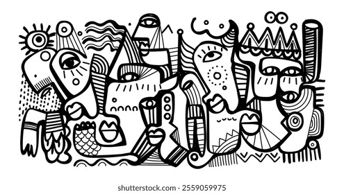 abstract hand drawing face portrait geometric decorative doodle outlines vector illustration. Line art black and white aesthetic design for wall art, prints, cards, decoration, banner and background.