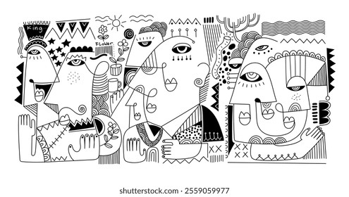 abstract hand drawing face portrait geometric decorative doodle outlines vector illustration. Line art black and white aesthetic design for wall art, prints, cards, decoration, banner and background.