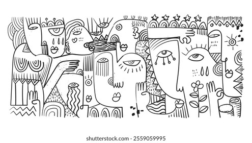 abstract hand drawing face portrait geometric decorative doodle outlines vector illustration. Line art black and white aesthetic design for wall art, prints, cards, decoration, banner and background.