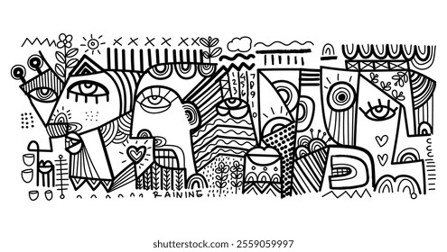 abstract hand drawing face portrait geometric decorative doodle outlines vector illustration. Line art black and white aesthetic design for wall art, prints, cards, decoration, banner and background.