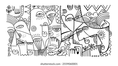 abstract hand drawing face portrait geometric decorative doodle outlines vector illustration. Line art black and white aesthetic design for wall art, prints, cards, decoration, banner and background.