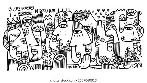 abstract hand drawing face portrait geometric decorative doodle outlines vector illustration. Line art black and white aesthetic design for wall art, prints, cards, decoration, banner and background.