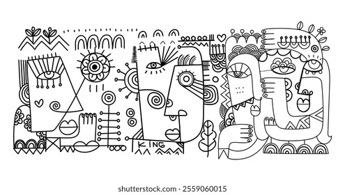 abstract hand drawing face portrait geometric decorative doodle outlines vector illustration. Line art black and white aesthetic design for wall art, prints, cards, decoration, banner and background.