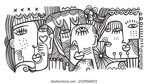 abstract hand drawing face portrait geometric decorative doodle outlines vector illustration. Line art black and white aesthetic design for wall art, prints, cards, decoration, banner and background.