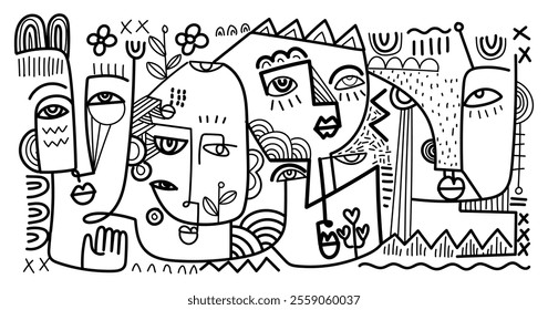 abstract hand drawing face portrait geometric decorative doodle outlines vector illustration. Line art black and white aesthetic design for wall art, prints, cards, decoration, banner and background.