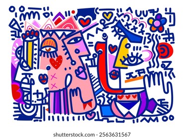 abstract hand drawing face portrait doodle geometric decorative  outlines vector illustration. Line art aesthetic design for wall art, prints, cards, poster, decoration, bannner.