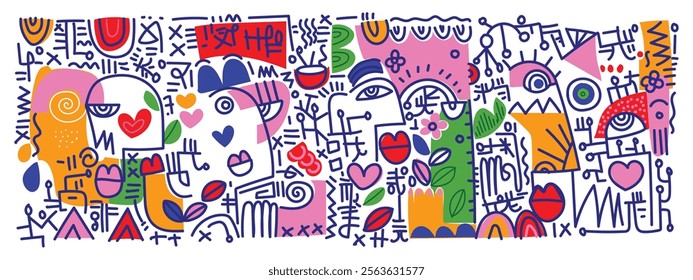 abstract hand drawing face portrait doodle geometric decorative  outlines vector illustration. Line art aesthetic design for wall art, prints, cards, poster, decoration, bannner.