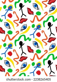 Abstract Hand Drawing Faces Eyes Lips Chalk Man Geometric Shapes Brush Strokes Seamless Vector Pattern with Isolated Background