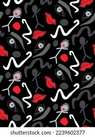 Abstract Hand Drawing Faces Eyes Lips Chalk Man Geometric Shapes Brush Strokes Seamless Vector Pattern with Isolated Background