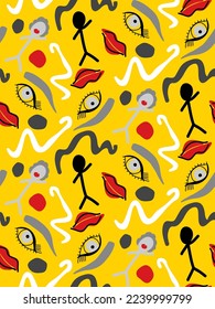 Abstract Hand Drawing Faces Eyes Lips Chalk Man Geometric Shapes Brush Strokes Seamless Vector Pattern with Isolated Background