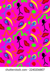 Abstract Hand Drawing Faces Eyes Lips Chalk Man Geometric Shapes Brush Strokes Seamless Vector Pattern with Isolated Background