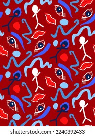 Abstract Hand Drawing Faces Eyes Lips Chalk Man Geometric Shapes Brush Strokes Seamless Vector Pattern with Isolated Background