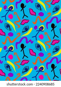 Abstracto Caras de dibujo de mano Ojos Tallas Hombre Formas Geométricas Cepa Estroques Patrón vectorial sin costura con fondo aislado