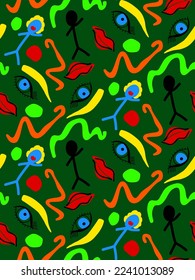 Abstrakte HandziehFaces Augen Lippen Chalk Man Geometrische Formen Pinselstriche Nahtlose Vektormuster mit isoliertem Hintergrund