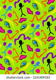 Abstrakte HandziehFaces Augen Lippen Chalk Man Geometrische Formen Pinselstriche Nahtlose Vektormuster mit isoliertem Hintergrund