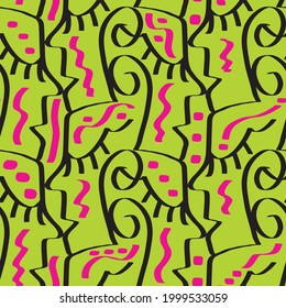 Abstract Hand Drawing Faces and Geometric Shapes Brush Strokes Seamless Vector Pattern Isolated Background 