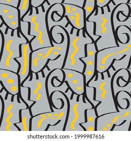 Abstract Hand Drawing Faces and Geometric Shapes Brush Strokes Seamless Vector Pattern Isolated Background 