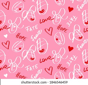 Abstract Hand Drawing Faces Hearts and Slogans Repeating Vector Pattern Isolated Background
