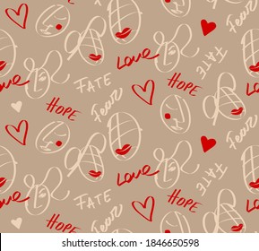 Abstract Hand Drawing Faces Hearts and Slogans Repeating Vector Pattern Isolated Background