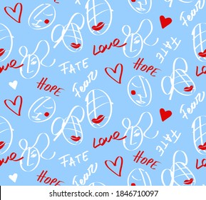 Abstract Hand Drawing Faces Hearts and Slogans Repeating Vector Pattern Isolated Background