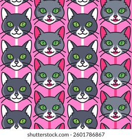 Abstract Hand Drawing Female and Male Cat Portraits Seamless Vector Pattern with Vertical Stripes Isolated Background
