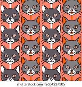 Abstract Hand Drawing Female and Male Cat Portraits Seamless Vector Pattern with Vertical Stripes Isolated Background