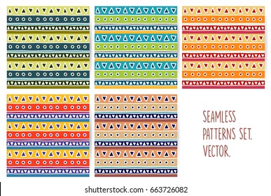 Abstract hand drawing five color various seamless patterns set.  Vector.