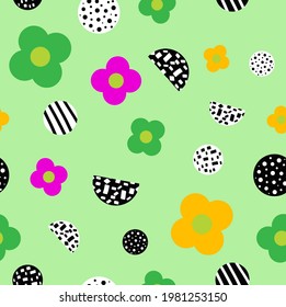 Abstract Hand Drawing Flower and Dots Doodle Seamless Vector Pattern Isolated Background