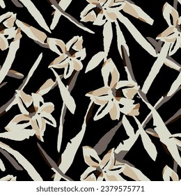 Abstract Hand Drawing Flowers Branches and Leaves Seamless Vector Pattern Isolated Background