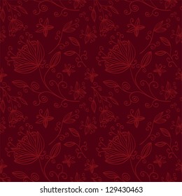 abstract hand drawing flowers and butterflies on the red background seamless vector pattern