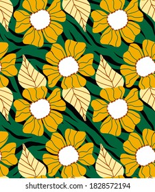 Abstract Hand Drawing Flowers and Leaves Repeating Vector Pattern with Zebra Stripes Background