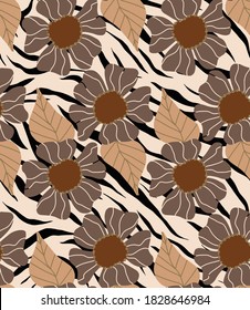 Abstract Hand Drawing Flowers and Leaves Repeating Vector Pattern with Zebra Stripes Background