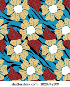 Abstract Hand Drawing Flowers and Leaves Repeating Vector Pattern with Zebra Stripes Background
