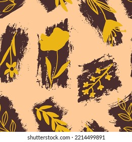 Abstract Hand Drawing Flowers Leaves and Branches Seamless Vector Pattern Isolated Background