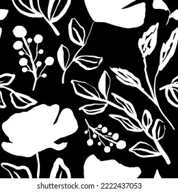 Abstract Hand Drawing Flowers Leaves and Branches Sketch Seamless Vector Pattern Isolated Background