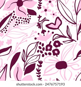 Abstract Hand Drawing Flowers Leaves Branches and Dots Seamless Vector Pattern Isolated Background