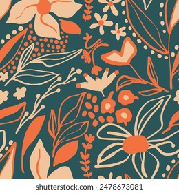 Abstract Hand Drawing Flowers Leaves Branches and Dots Seamless Vector Pattern Isolated Background