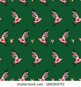 Abstract Hand Drawing Flying Birds and Hearts Repeating Vector Pattern Isolated Background