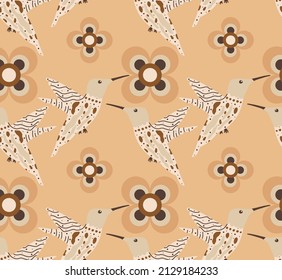 Abstract Hand Drawing Flying Hummingbirds and Flowers Seamless Retro Vector Pattern Isolated Background