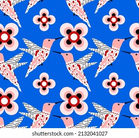 Abstract Hand Drawing Flying Hummingbirds and Flowers Seamless Retro Vector Pattern Isolated Background