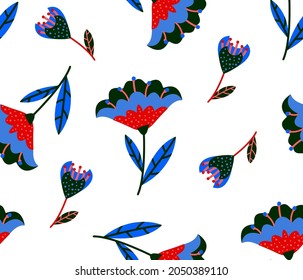 Resumen Dibujo a mano Tile de la etnia Boho Flores y deja un patrón vectorial sin mar Fondo blanco aislado