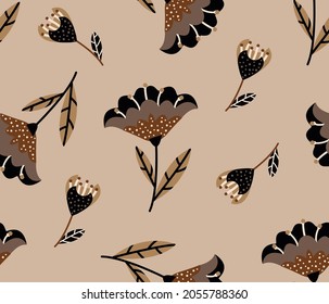 Resumen Dibujo a mano Tile de la etnia Boho Flores y deja un patrón vectorial sin soldadura fondo beige aislado