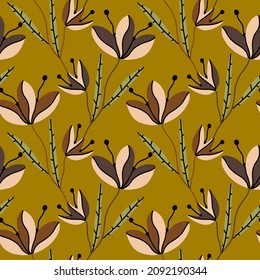 Abstract Hand Drawing Folk Tile Ethnic Flowers and Leaves Seamless Vector Pattern Isolated Background