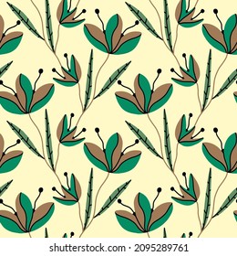 Abstracto Dibujo a mano Flores étnicas de mosaico folclórico y deja un patrón vectorial sin soldadura fondo aislado