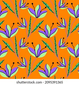 Abstract Hand Drawing Folk Tile Ethnic Flowers and Leaves Seamless Vector Pattern Isolated Background