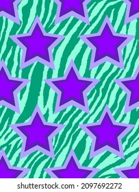 Abstract Hand Drawing Geometric 70s Retro Stars with Zebra Stripes Background Seamless Vector Pattern 